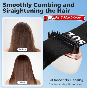 Portable Cordless Hair Straightening Brush – Fast Heat, USB Rechargeable